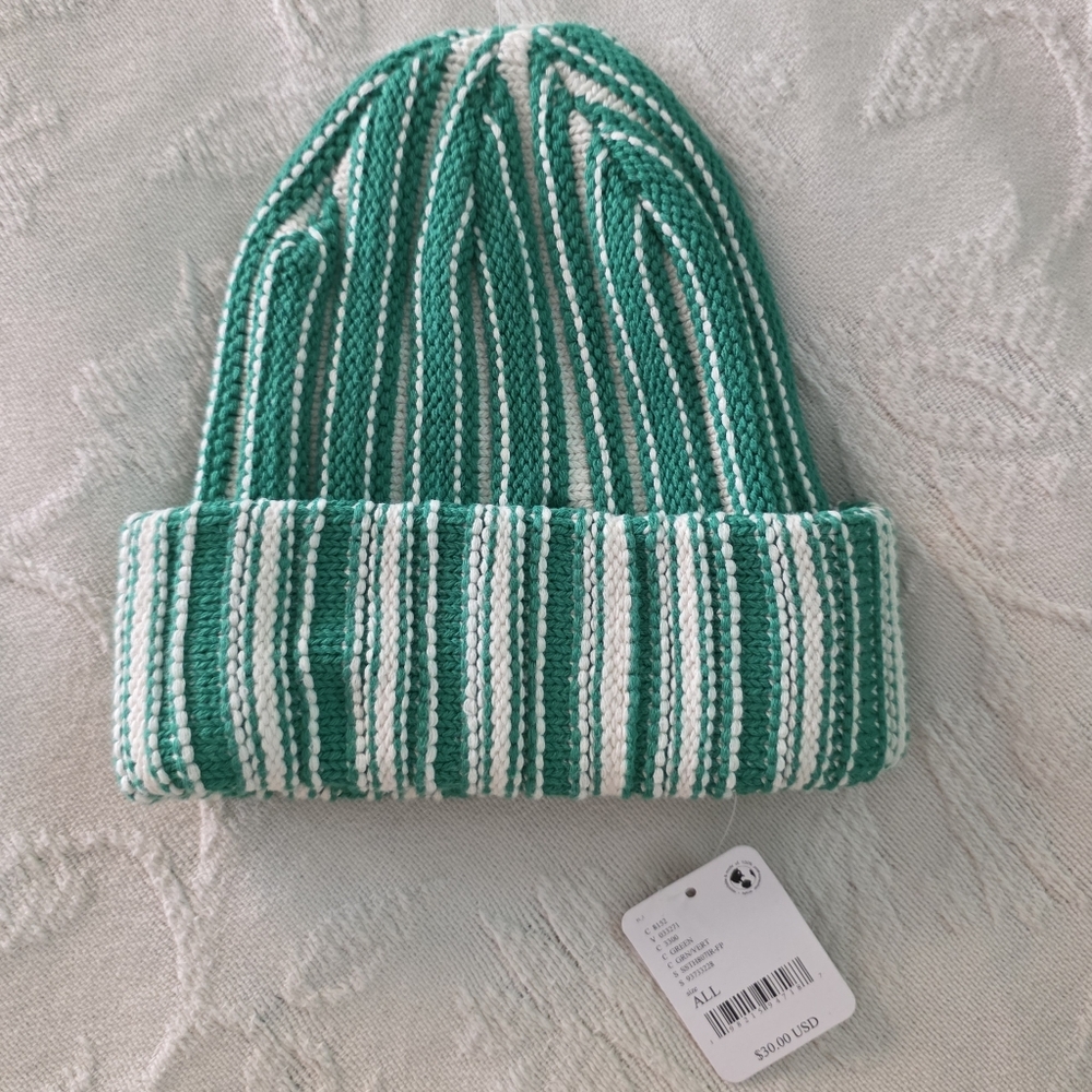 Free People Green And Cream Knit Beanie